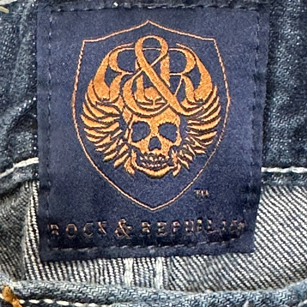 Rock & Republic Mens 34x34 Bootcut Jeans Dark Blue Wash Distressed Flap Pockets